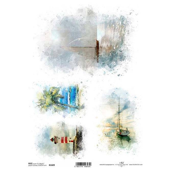 ITD Reispapier Decoupage Bastelpapier Serviettentechnik-R1609 - A4 Palme, Leuchtturm, Segelboote