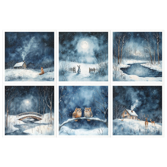 Reispapier-Set - Nachtlandschaft, Winterlandschaft, Eule, Fuchs, Kaninchen, Haus - RSM178 - Itd Collection