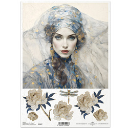 ITD Reispapier Decoupage Bastelpapier Serviettentechnik-R2407 Frau Blumen Libelle - Inspiriert von Klimt