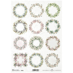 ITD Reispapier Decoupage Bastelpapier R2066 Blumenkränze, Blumen aus Früchten, Maiglöckchen, Kamille, Vergissmeinnicht