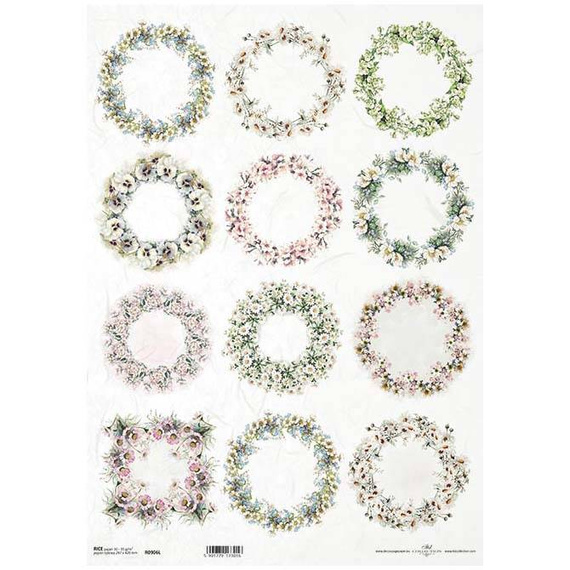 ITD Reispapier Decoupage Bastelpapier,  A3 ITD-906L Blumenkränze, Blumen aus Obst, Maiglöckchen, Kamille, Vergissmeinnicht, Stiefmütterchen