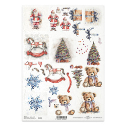 ITD Reispapier Decoupage Bastelpapier Serviettentechnik-R2455 Weihnachtsmann, Schaukelpferd, Teddybär, Schneeflocke, Geschenk, Weihnachtsbaum