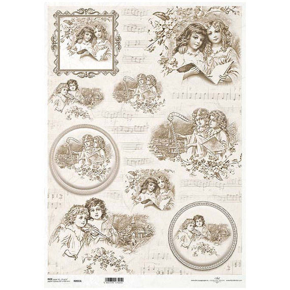 ITD Reispapier Decoupage Bastelpapier A3 Vintage-Engel, dekorative Rahmen, Noten R933L