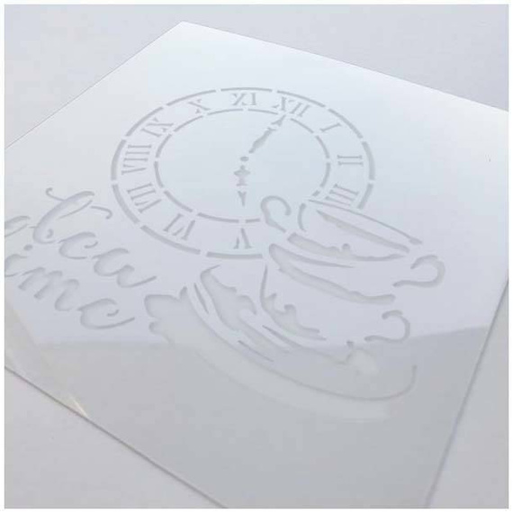 Mixed Media Schablone STENCIL für Decoupage Scrapbooking 16x16, Tea Time Uhr
