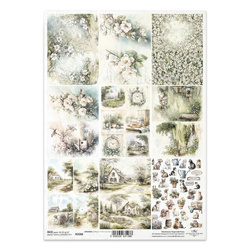 ITD Reispapier Decoupage Bastelpapier Serviettentechnik-R2588 Idyllische Landschaft, Felder, Wiesen, Hunde, Katzen, Häuschen