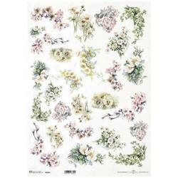 ITD Reispapier Decoupage Bastelpapier A3 - 905L Obstblumen, Maiglöckchen, Kamille, Vergissmeinnicht, Stiefmütterchen