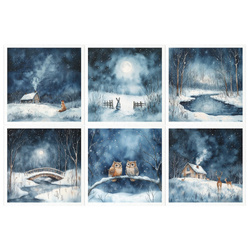 Reispapier-Set - Nachtlandschaft, Winterlandschaft, Eule, Fuchs, Kaninchen, Haus - RSM178 - Itd Collection