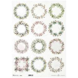 ITD Reispapier Decoupage Bastelpapier,  A3 ITD-906L Blumenkränze, Blumen aus Obst, Maiglöckchen, Kamille, Vergissmeinnicht, Stiefmütterchen