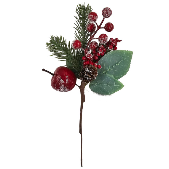 Weihnachtszweig mit Tannenzapfen, gefrosteten Weißdornfrüchten und Apfel - 1St