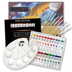 LOVEART Acrylfarben Malset – Set mit 24 Farben, Leinwandblock, Pinseln & Palette
