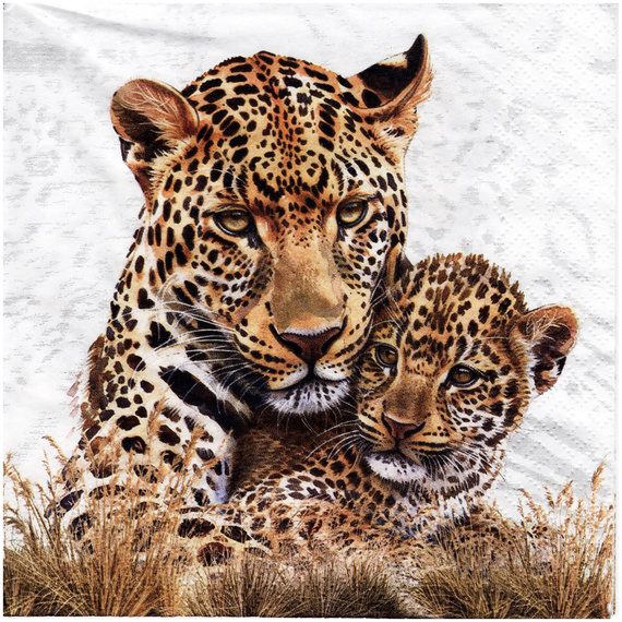 SERVIETTEN 1 Stück Motivservietten Decoupage Napkin 33x33cm, Leopard Mum & Cub