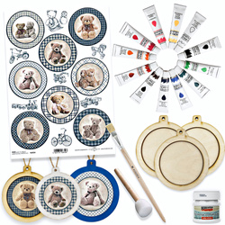 Weihnachts-Decoupage-Set – Kugeln mit Teddys in blauer Karo