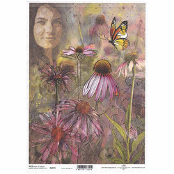 ITD Reispapier Decoupage Bastelpapier Weibliches Gesicht, Echinacea, Sonnenhut R2071