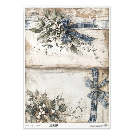 Reispapier für Decoupage A3 - Blumenstrauß Mistel Stechpalme Schleife - R1514L - Itd Collection
