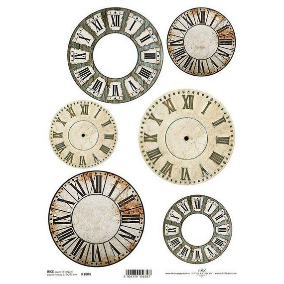 ITD A4 Reispapier Decoupage Bastelpapier Softpapier, Vintage Retro Uhren R1804