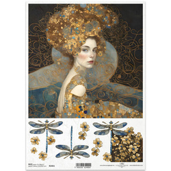 ITD Reispapier Decoupage Bastelpapier Serviettentechnik-R2401 Frau Libelle Blumen - Inspiriert von Klimt