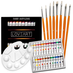 Malset LOVEART Acrylfarben 24x12ml + Pinsel + Malpalette / Pinselset Farbenset
