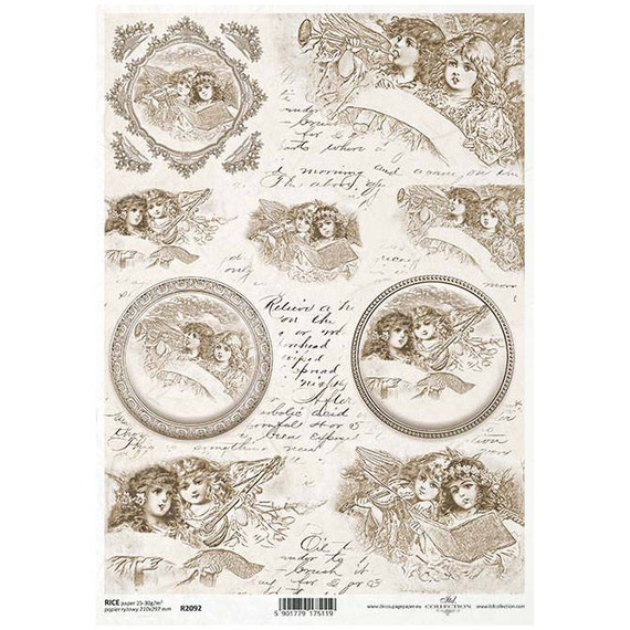 ITD Reispapier Decoupage Bastelpapier, Vintage-Engel, dekorative Rahmen, Noten R2092