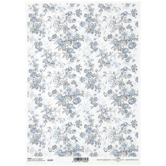 ITD Reispapier Decoupage Bastelpapier, R1997 Tapetenmotiv, Blumen in Blautönen