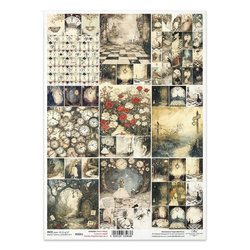 A4 decoupage Reispapier - Alice im Wunderland, Uhren, weißes Kaninchen, Rosen, Wald, Schmetterlinge, Spielkarten - R2661 - Itd Collection