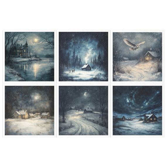 Reispapier-Set - Nachtlandschaft, Winter, Eule, Haus, Sterne - RSM179 - Itd Collection