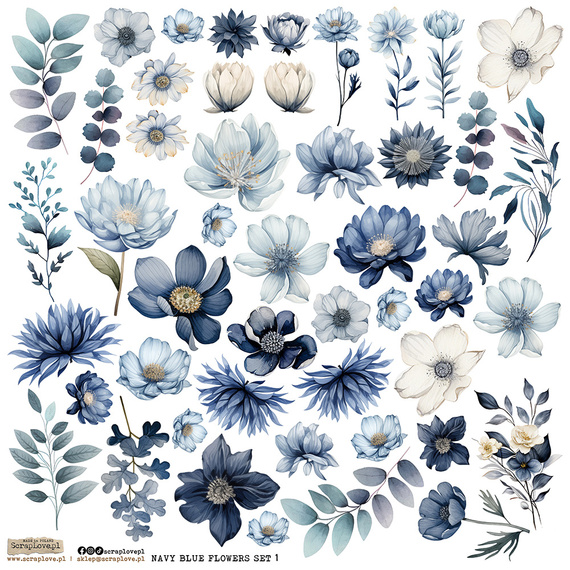 AUFKLEBER ScrapLove Dekor Stickers - Navy Blue Flowers set 1