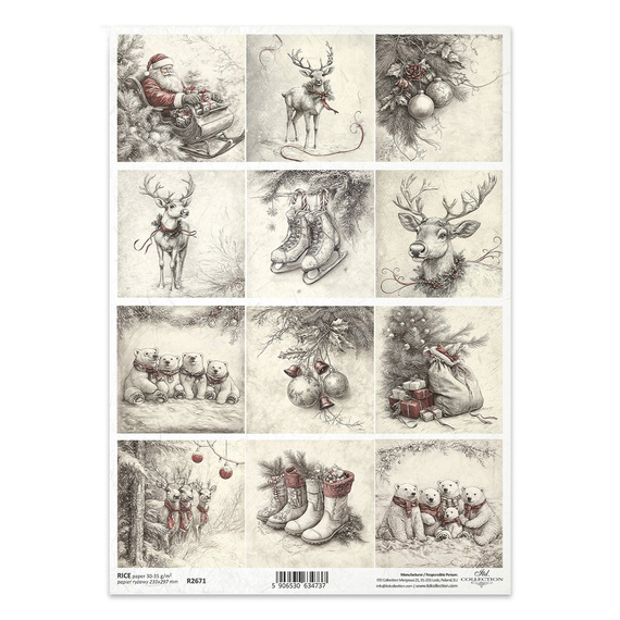 Reispapier für Decoupage A4 - Schlittschuhe, Weihnachtsmann, Rentier, Stiefel, Eisbären - R2671 - Itd Collection