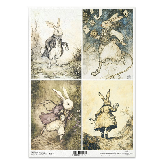 Reispapier für Decoupage A4 - Weißer Hase, Uhren, Hasen - R2635 - Itd Collection