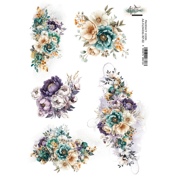 Reispapier für Decoupage A4 - Art of Alchemy - Blumen in Türkis, Violett, Beige