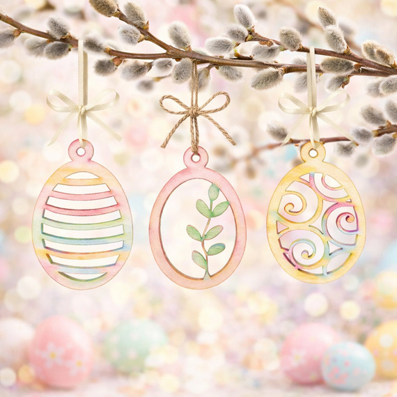 Eier - Holzaufhänger für Osterdekorationen - Set mit 9 Stück.