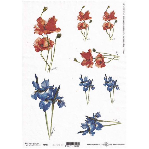 ITD Reispapier Decoupage Bastelpapier, Mohnblumen, Schwertlilien R1716 