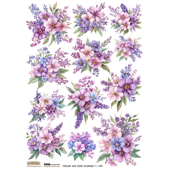 Reispapier Decoupage Bastelpapier A4 - Scraplove - Violet and Pink Flowers 1 