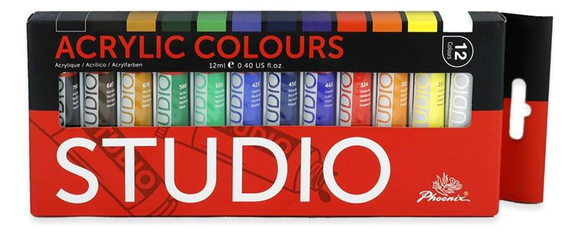 Malset - Phoenix Acrylfarben 12x12 ml, Pinsel, Palette, Block