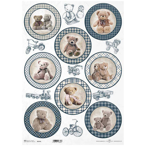 ITDReispapier Decoupage Bastelpapier A3 ITD-794L Teddybären, Spielzeug, blau-kariert