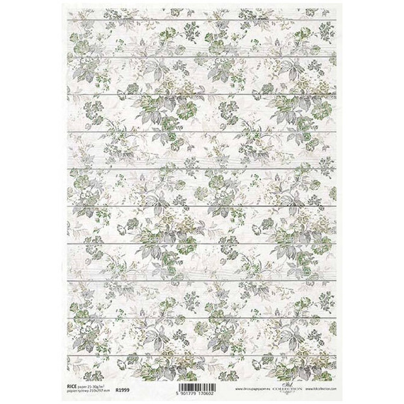 ITD Reispapier Decoupage Bastelpapier, R1999 Tapetenmotiv, Blumen in Grüntönen in den Brettern