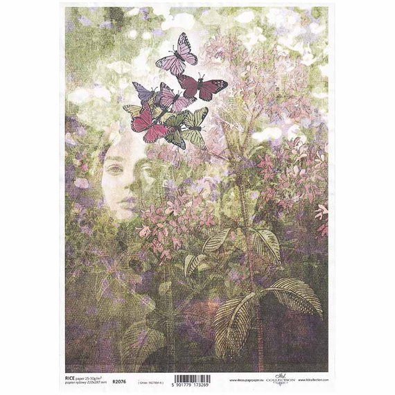 ITD Reispapier Decoupage Bastelpapier Gesicht einer Frau, Pflanzen, Schmetterlinge R2076 