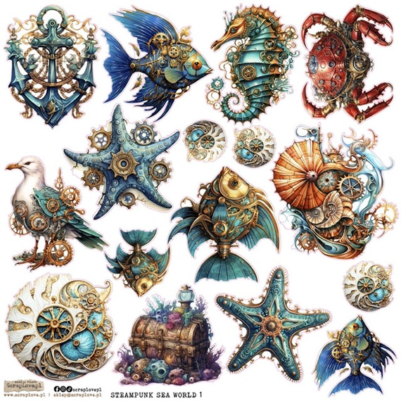 AUFKLEBER ScrapLove Dekor Stickers - Steampunk Sea World 1 - Meereswelt