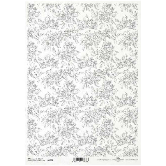 ITD Reispapier Decoupage Bastelpapier, R2004 Tapetenmotiv, Blumen in Blautönen, grau