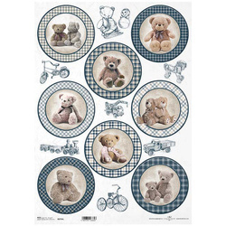 ITDReispapier Decoupage Bastelpapier A3 ITD-794L Teddybären, Spielzeug, blau-kariert