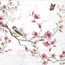 SERVIETTEN 1 Stück Motivservietten Decoupage Napkin 33x33cm - Vogel &amp; Blüte Weißer Vogel auf einem Apfelzweig