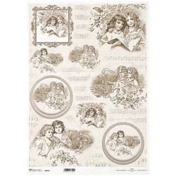 ITD Reispapier Decoupage Bastelpapier A3 Vintage-Engel, dekorative Rahmen, Noten R933L